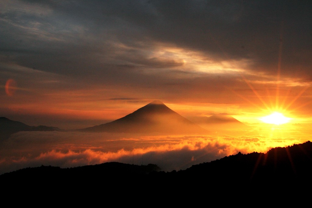 Beautiful sunrise over volcanoes in guatemala